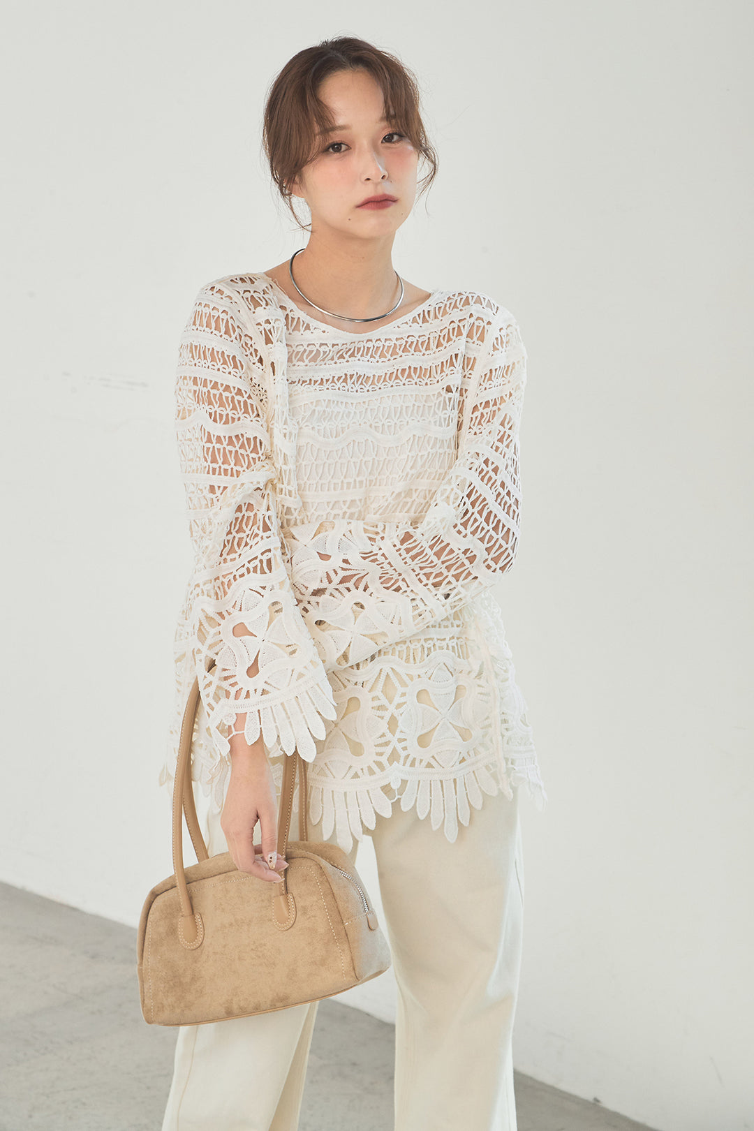 [SET]裾デザインメッシュプルオーバー+スプリングカラーデニムパンツ(2set)