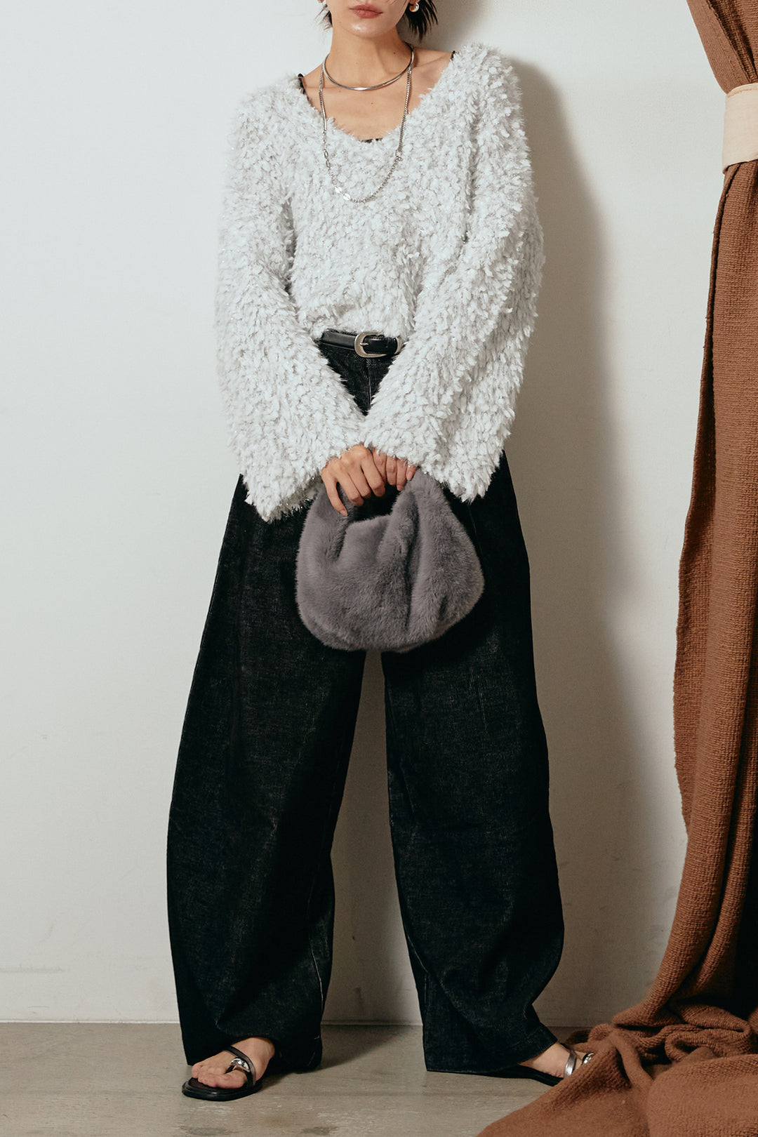 [SET]深Vネックチョウチョヤーンニットトップス+フロントタック入りコーデュロイパンツ(2set)