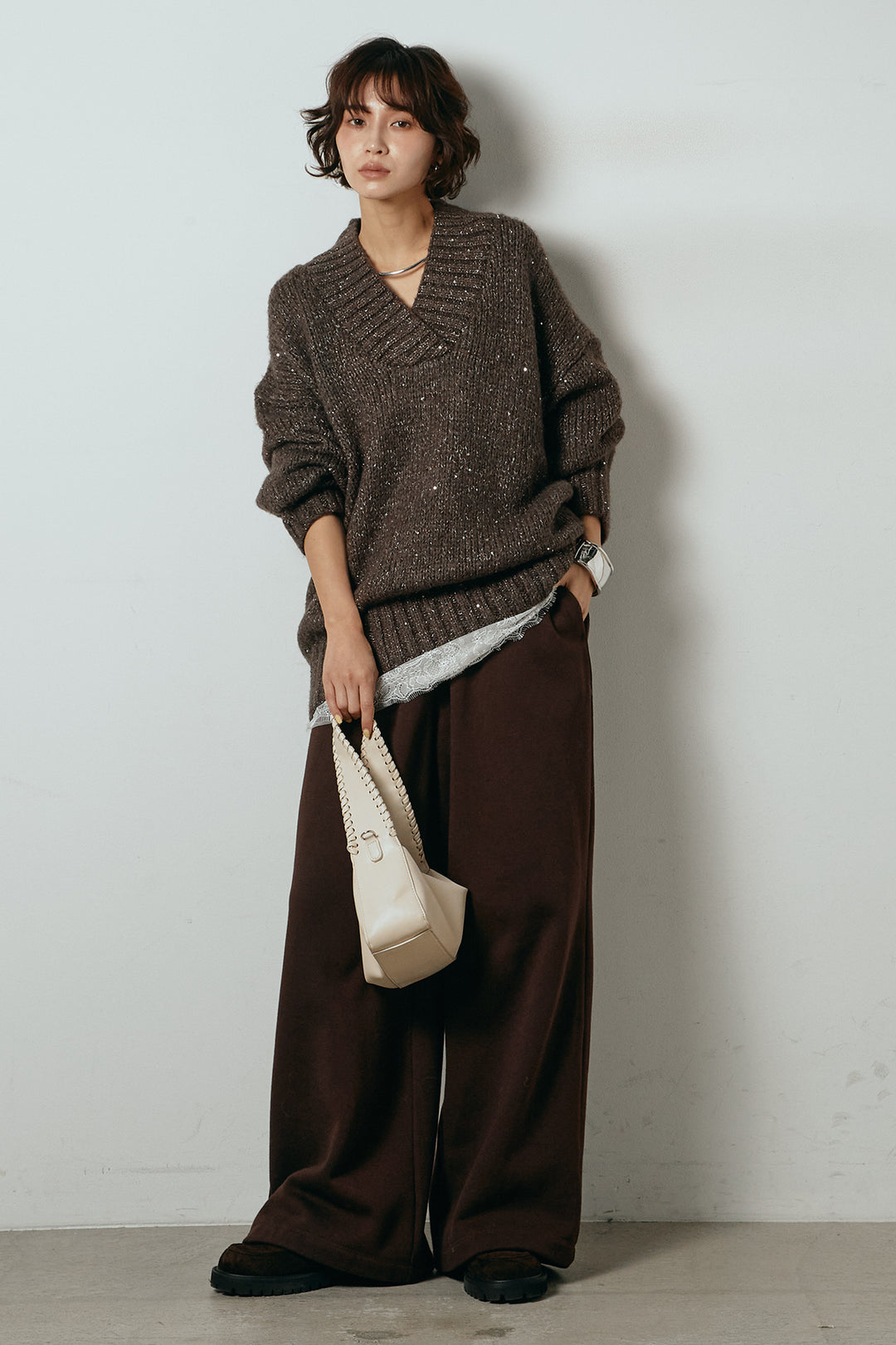[SET]Vネックラメニットトップス+裏起毛スウェットワイドパンツ(2set)