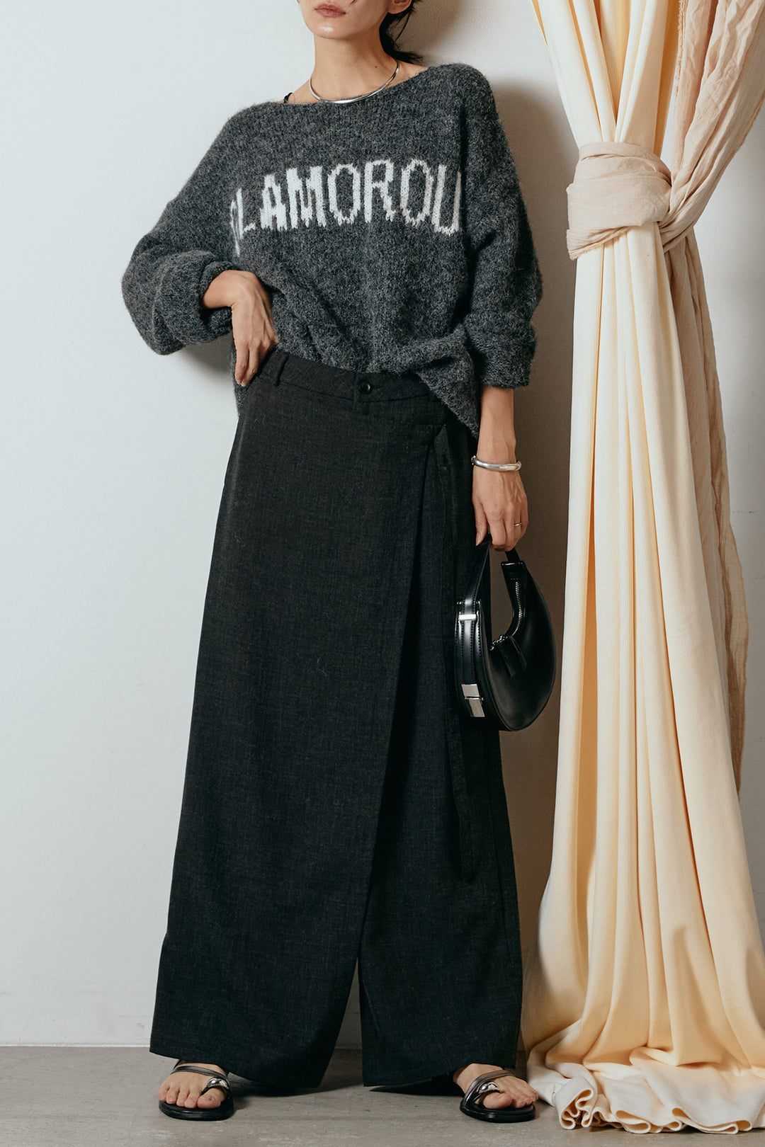[SET]フロントロゴデザインニットトップス+ラップ巻きワイドスラックス(2set)