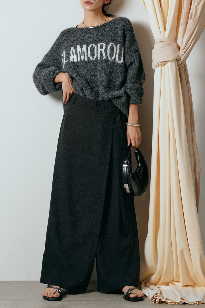 [SET]フロントロゴデザインニットトップス+ラップ巻きワイドスラックス(2set)