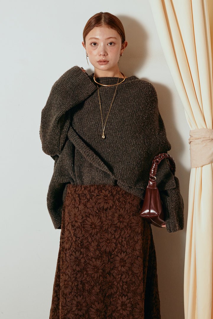 [SET]ケープデザインリブニットトップス+花柄刺繍ベロアフレアスカート(2set)