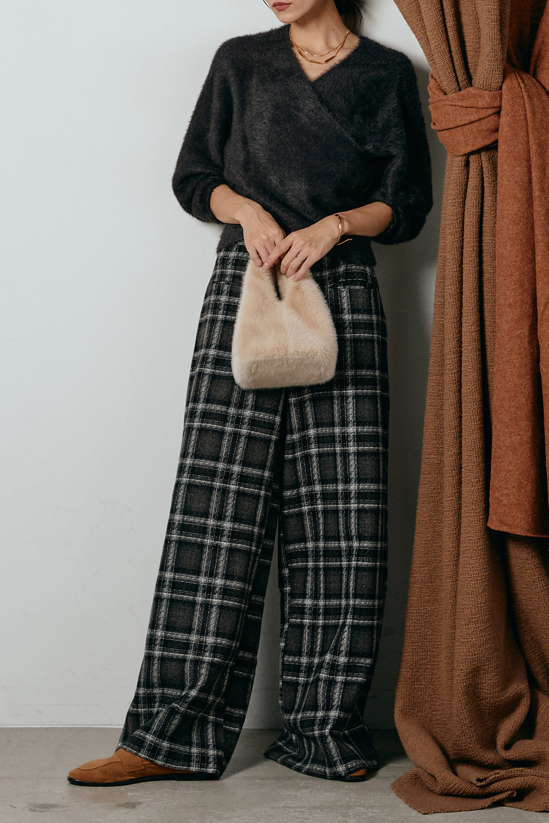 [SET]シャギーカシュクールニットトップス+ルーズタータンチェックワイドパンツ(2set)