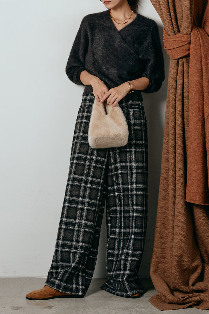 [SET]シャギーカシュクールニットトップス+ルーズタータンチェックワイドパンツ(2set)