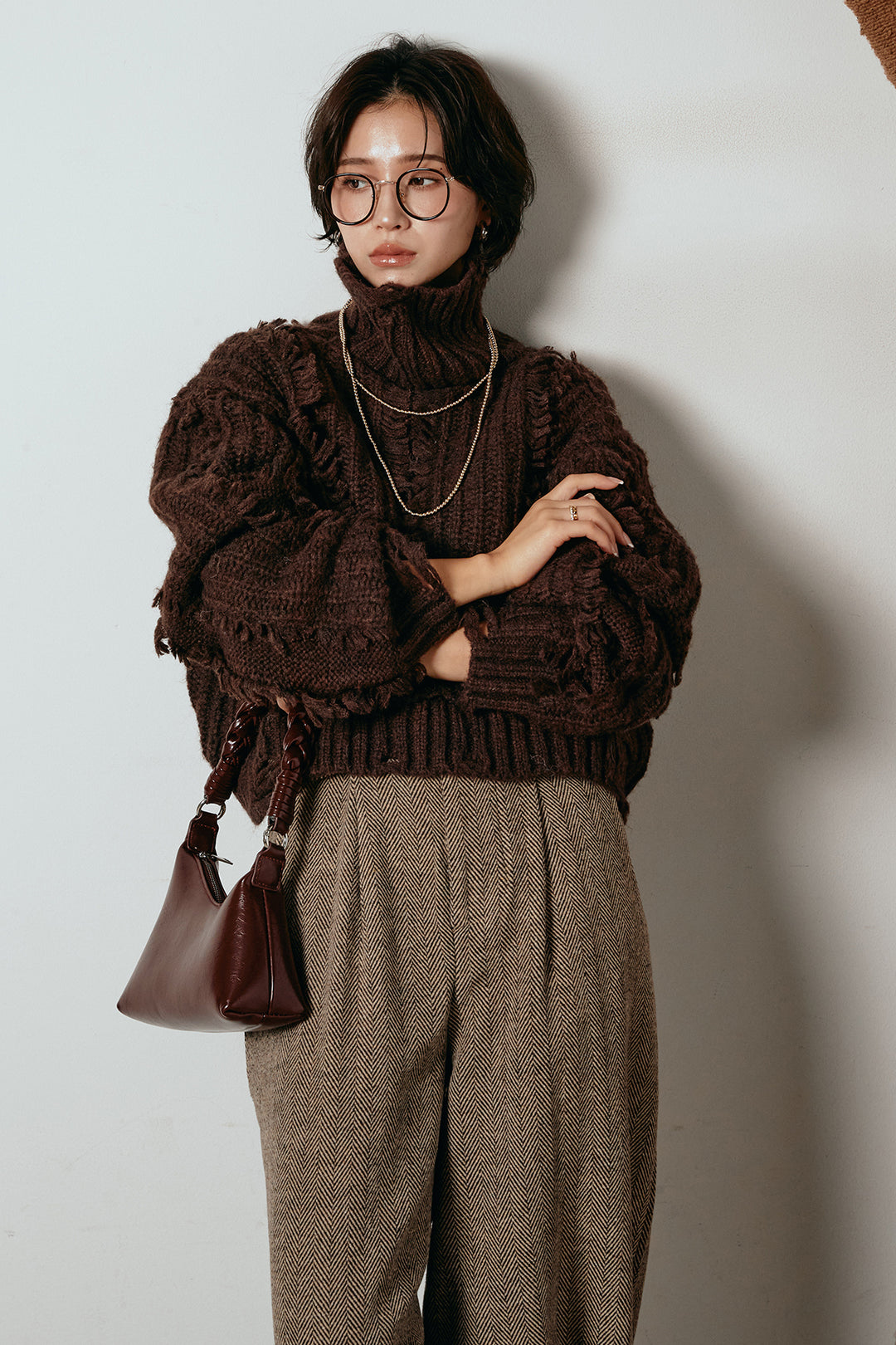 [SET]フリンジタートルショートニット+クラシックヘリンボーンサロペット(2set)