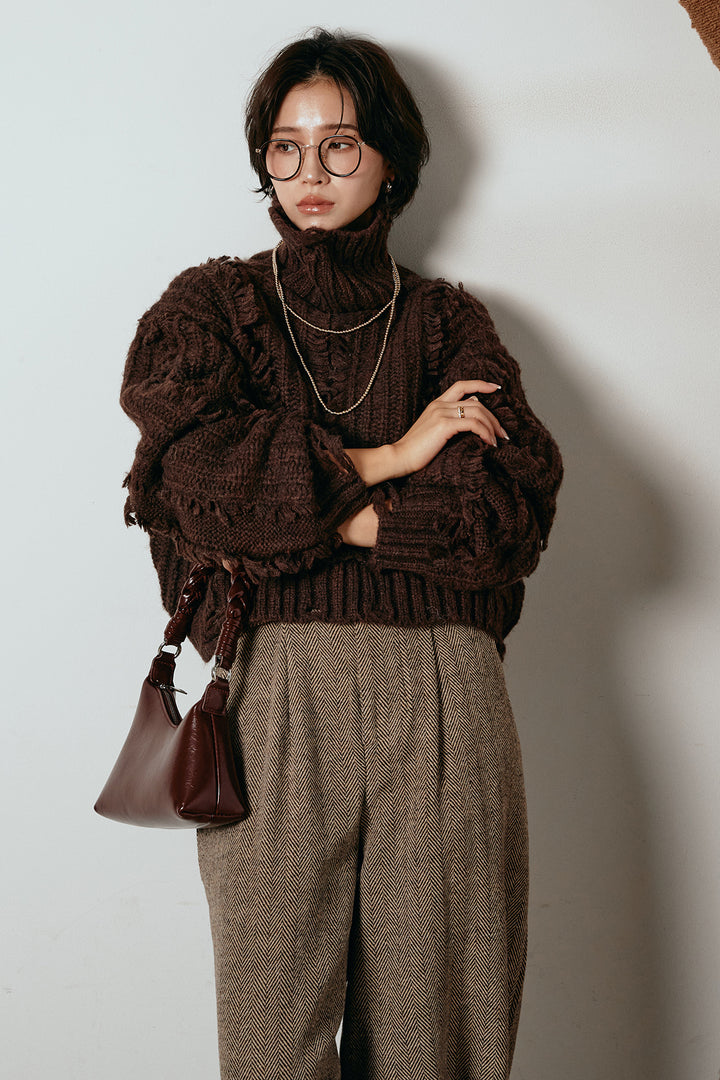 [SET]フリンジタートルショートニット+クラシックヘリンボーンサロペット(2set)