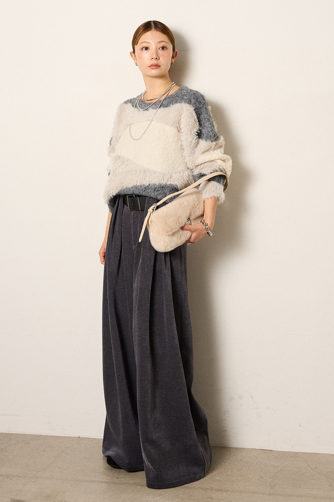 [SET]シャギーウェーブ柄クルーネックニットトップス+ベルトループコーデュロイワイドパンツ(2set)