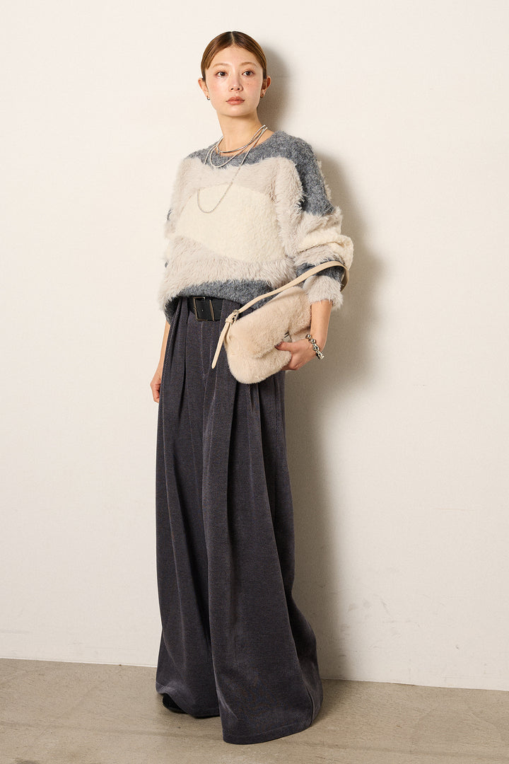 [SET]シャギーウェーブ柄クルーネックニットトップス+ベルトループコーデュロイワイドパンツ(2set)