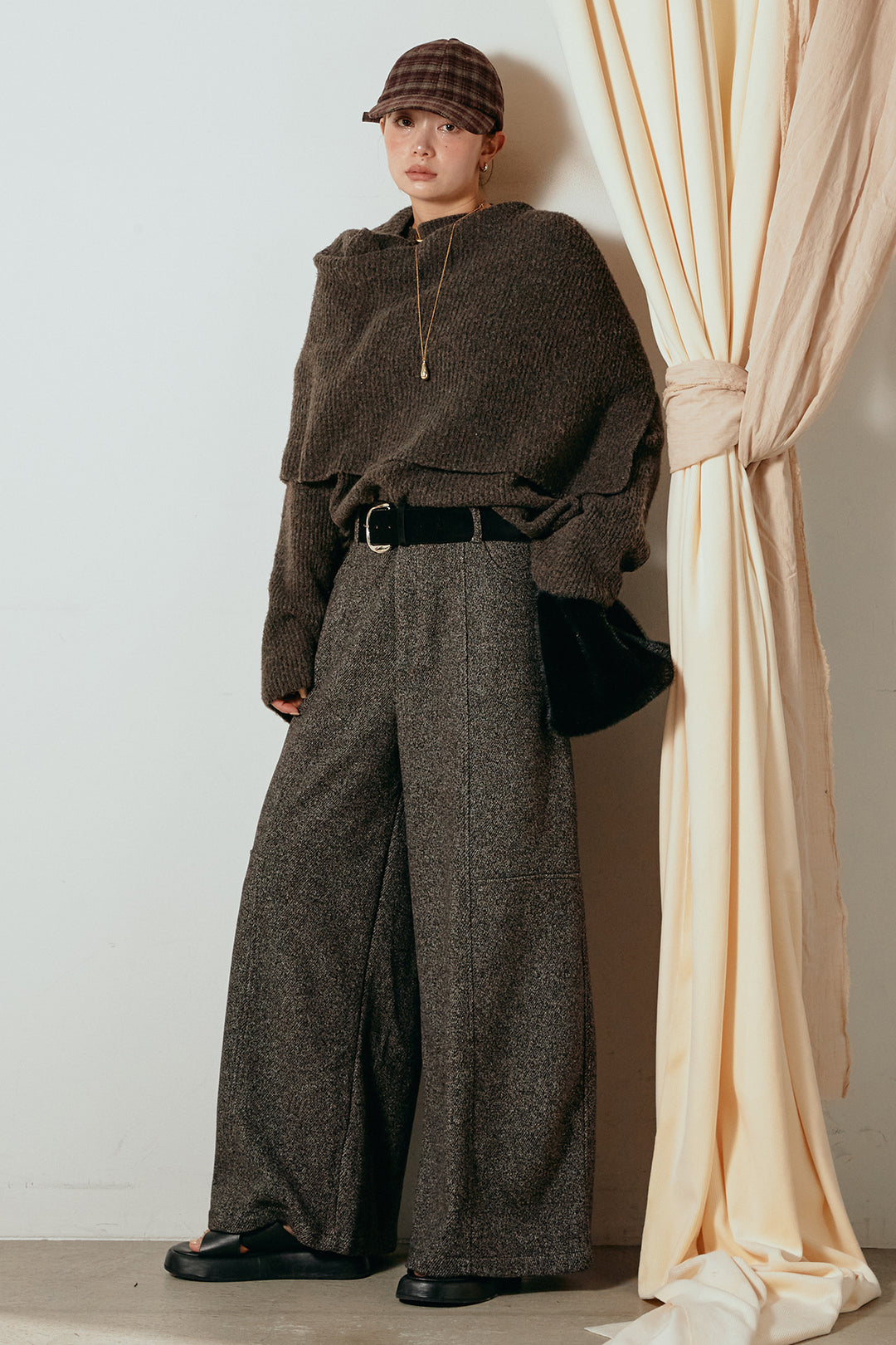 [SET]ケープデザインリブニットトップス+太ベルト付きツイードワイドパンツ(2set)