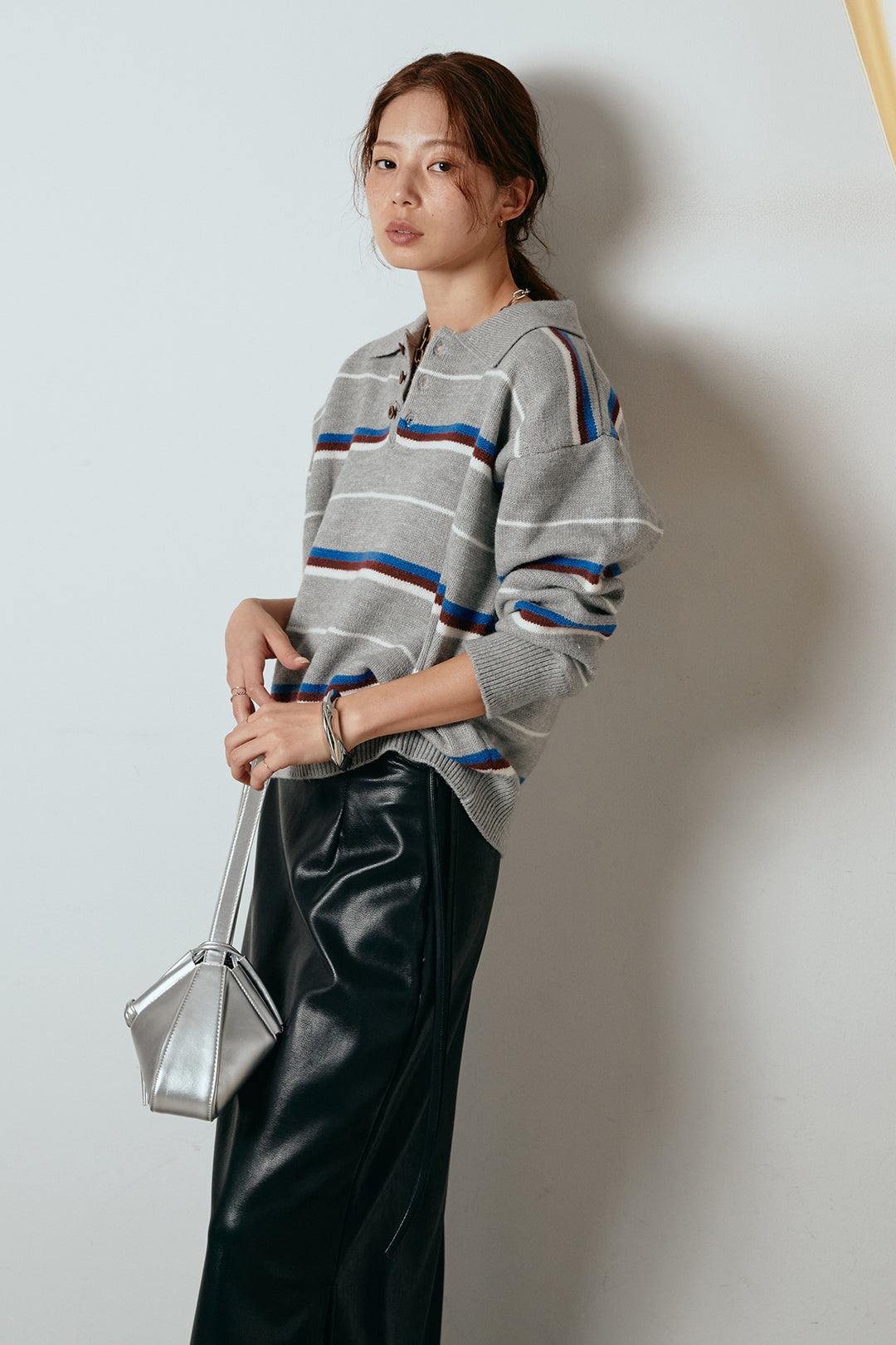 [SET]襟付きマルチボーダーニットポロトップス+紐付きフェイクレザーワイドスカート(2set)