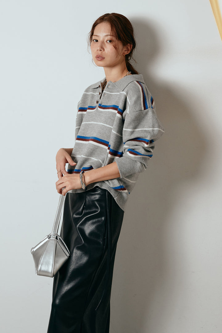 [SET]襟付きマルチボーダーニットポロトップス+紐付きフェイクレザーワイドスカート(2set)