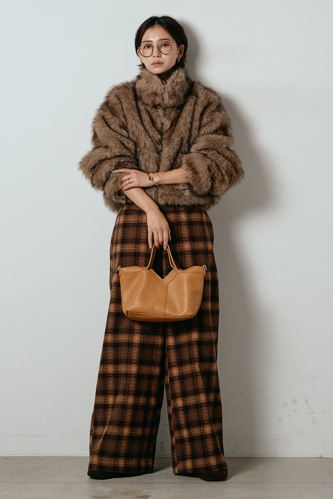 [SET]エコファーショート丈ブルゾン+ルーズタータンチェックワイドパンツ(2set)