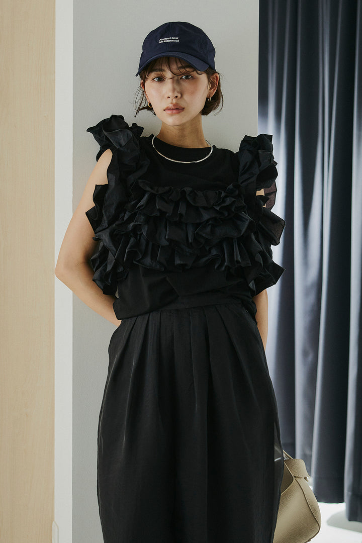 [SET]天竺ナイロンドッキングビスチェ風トップス+オーガンジータックパンツ(2set)