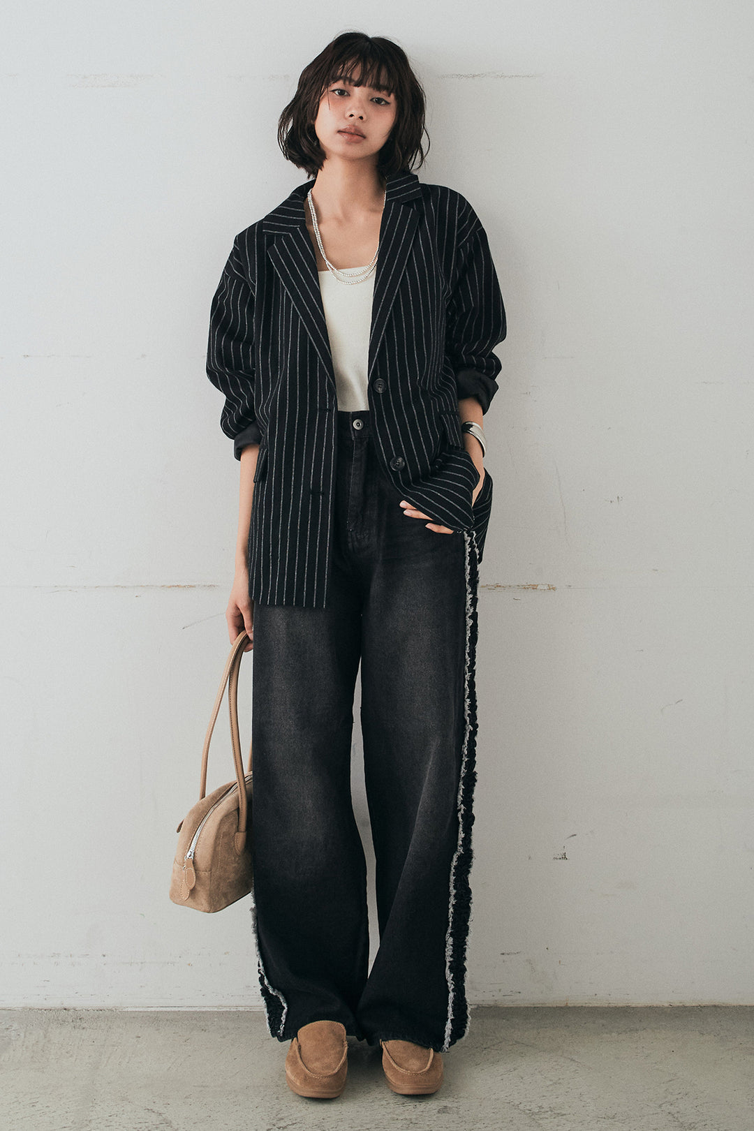 [SET]リネンライクストライプテーラードジャケット+デニムサイドフリルパンツ(2set)