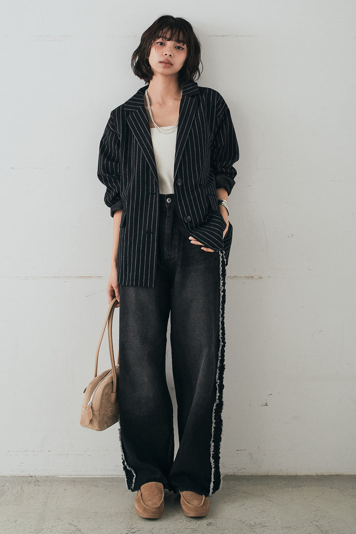 [SET]リネンライクストライプテーラードジャケット+デニムサイドフリルパンツ(2set)