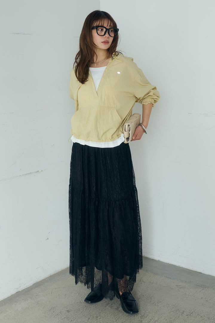 [SET]レイヤードデザインフーディートップス+ひげレース切替ロング丈スカート(2set)