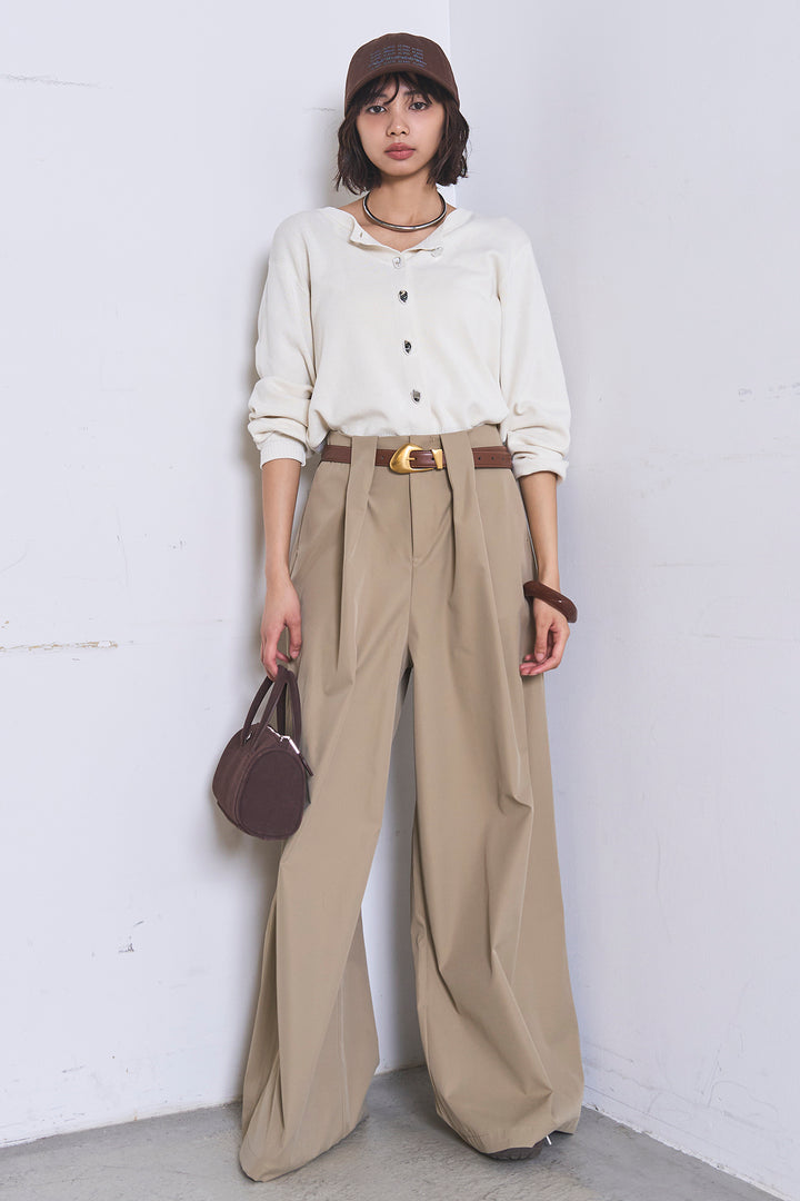 [SET]リサイクルポリニュアンス釦カーデ+ベルトループデザインハイウエストタックパンツ(2set)