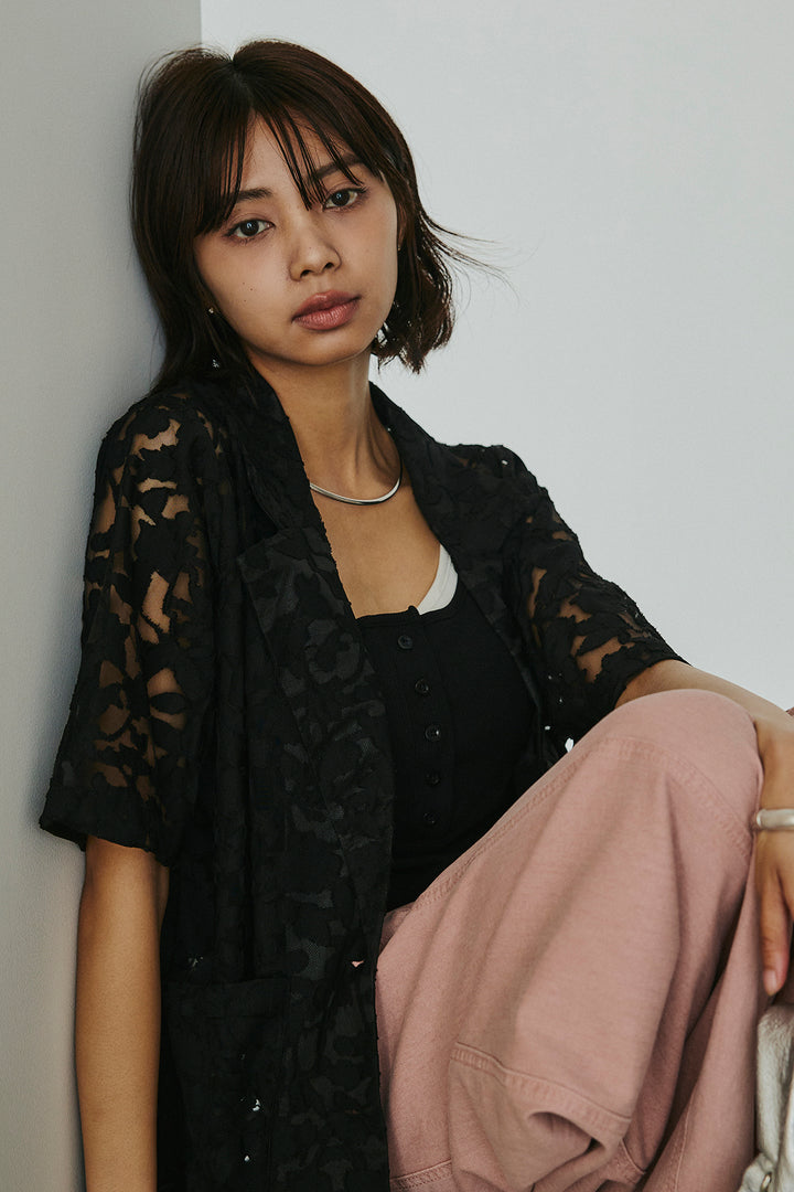 [SET]シアージャガードハーフスリーブテーラードジャケット+サイドベルトカーブワイドパンツ+配色ヘンリーネックタンクトップ(3set)