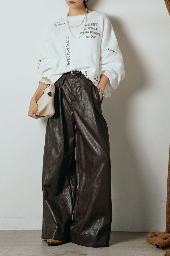 [SET]刺繍ロゴランダムデザインニットトップス+ベルト付きレザーライクタックパンツ(2set)