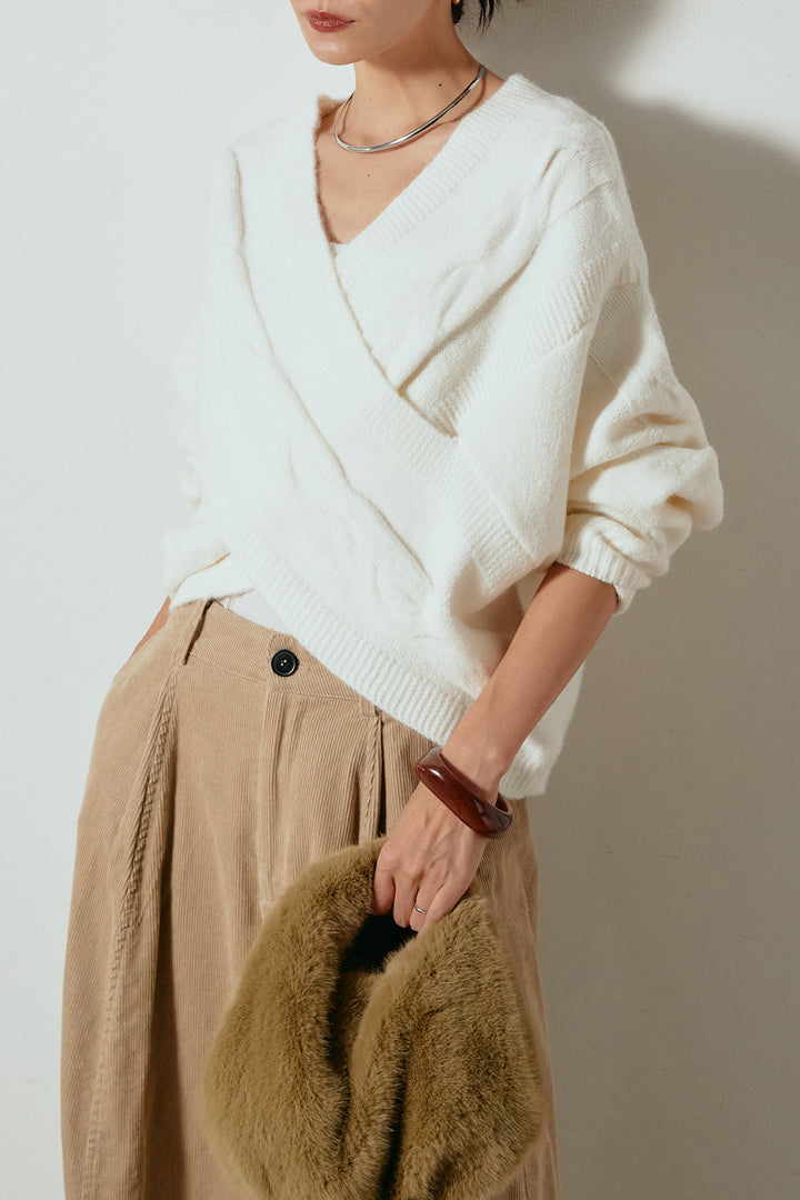 [SET]ケーブルカシュクールニットトップス+タック入りコーデュロイワイドパンツ(2set)