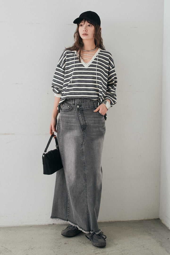 [SET]レースアップワッフルボーダートップス+ウエストクロスデニムタイトスカート(2set)