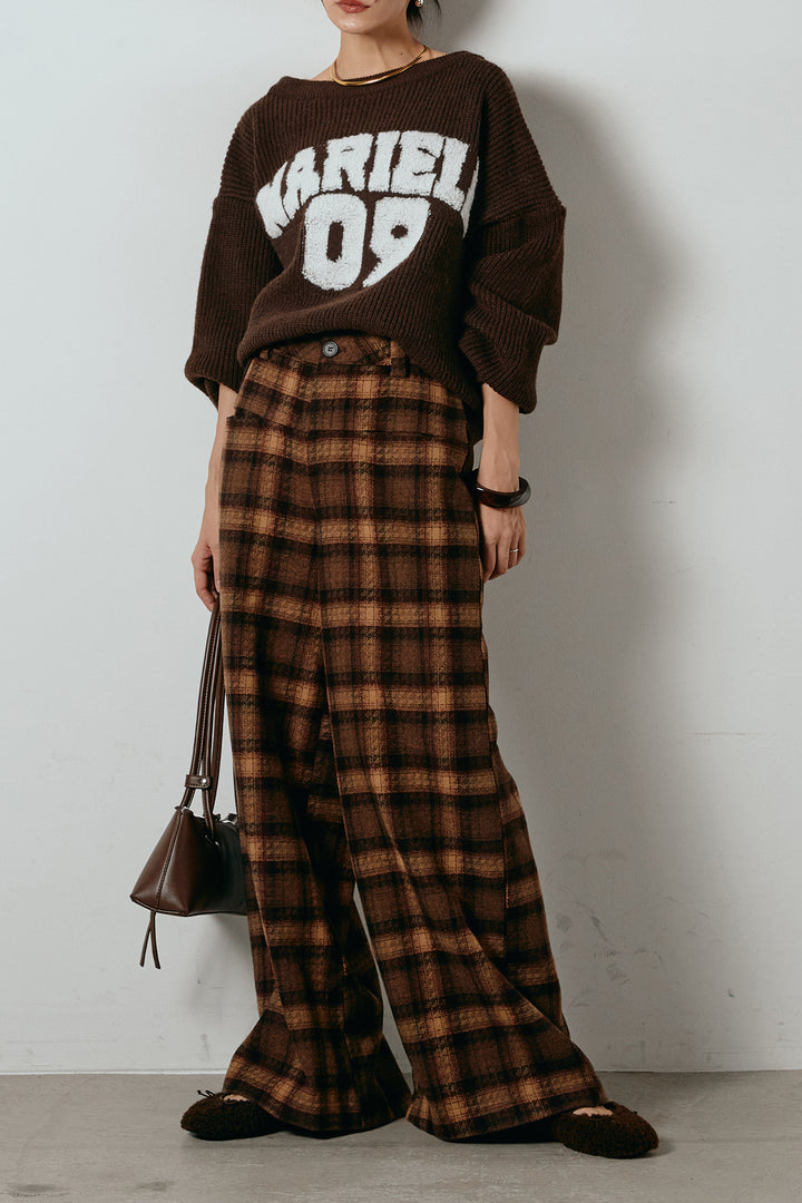 [SET]ロゴジャガードニットトップス+ルーズタータンチェックワイドパンツ(2set)