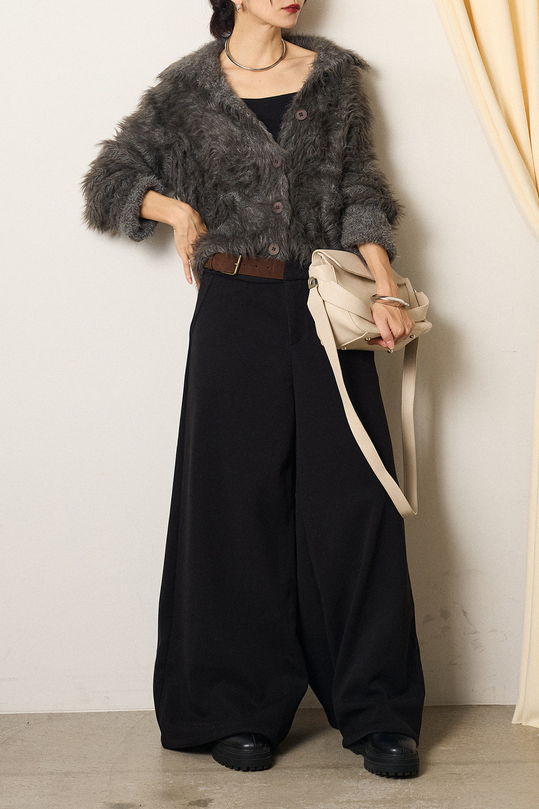 [SET]襟付きシャギーニットカーディガン+サイドベルトパンツ(2set)