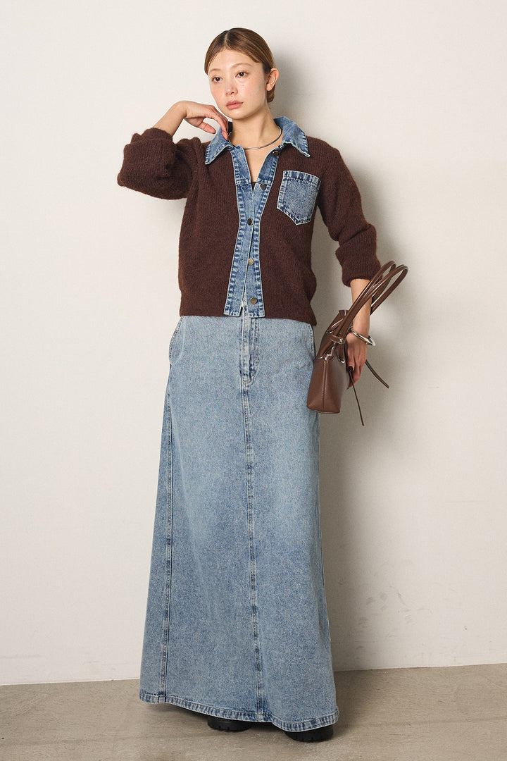 [SET]襟付きデニム切替ニットカーディガン+デニムロングフレアスカート(2set)
