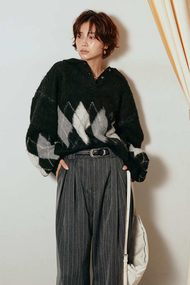 [SET]アーガイル柄ポロニットトップス+ストライプヘリンボーンパンツ(2set)