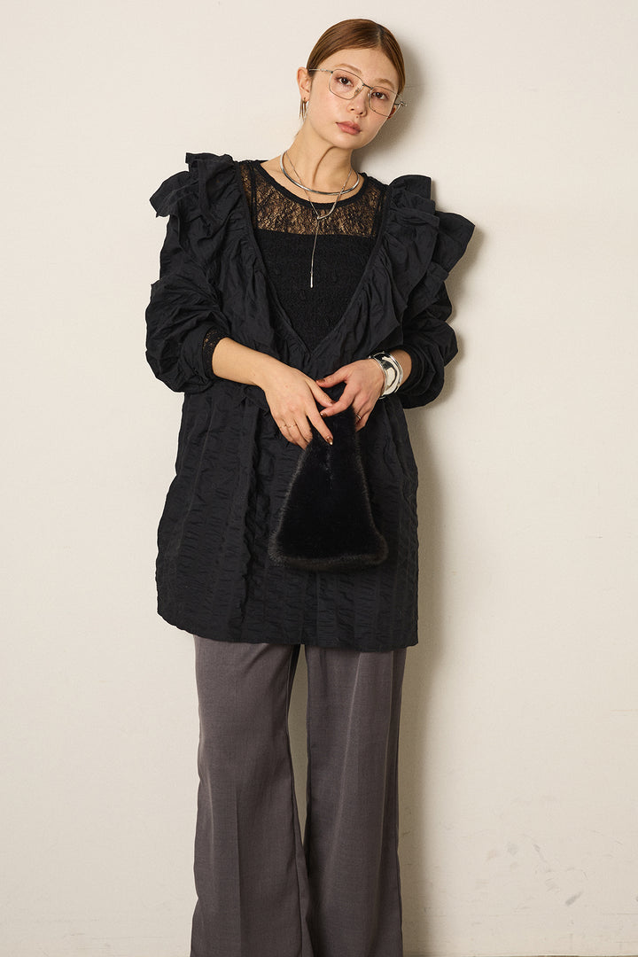 [SET]Vネックフリルカラーブラウス+ストレッチレースクルーネックインナー(2set)