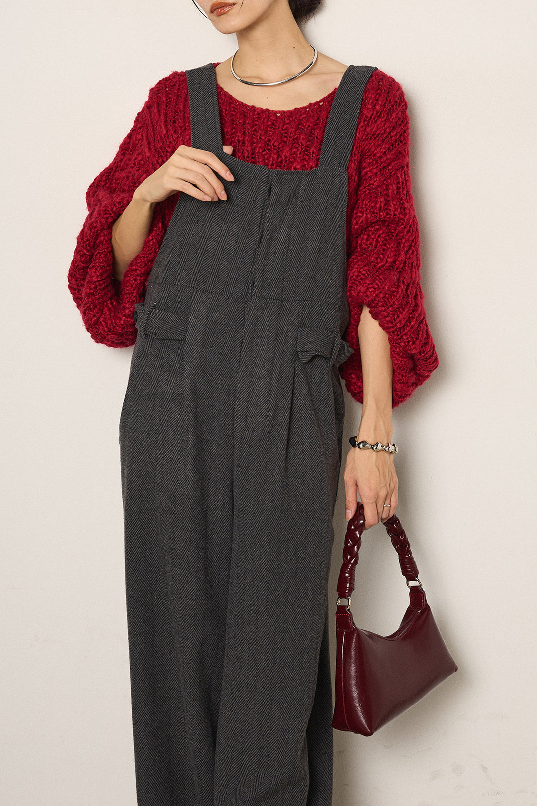 [SET]チャンキースラブニットクロップドプルオーバー+クラシックヘリンボーンサロペット(2set)