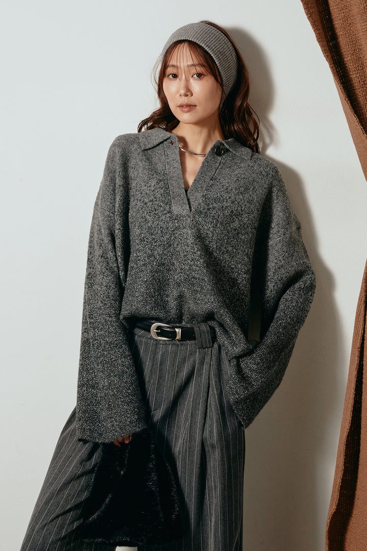 [SET]グラデーションラメニットキーネックプルオーバー+ストライプヘリンボーンパンツ(2set)