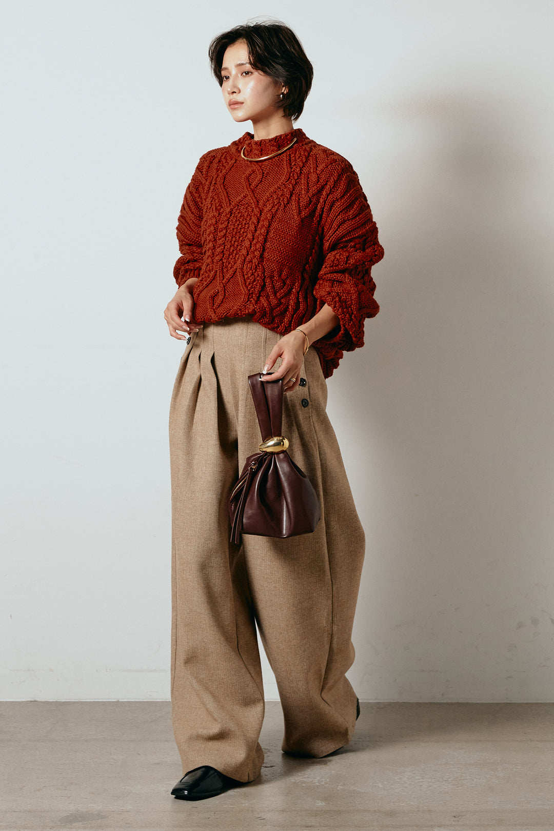 [SET]アラン柄ミックスケーブルニット+サイドボタンツイードタックパンツ(2set)