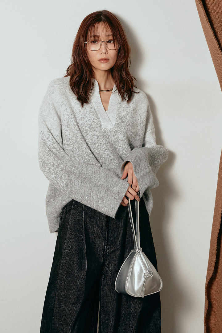 [SET]グラデーションラメニットキーネックプルオーバー+フロントタック入りコーデュロイパンツ(2set)