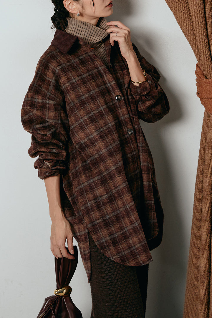 [SET]シャギーチェックシャツジャケット+ワイドリブニットイージーパンツ(2set)