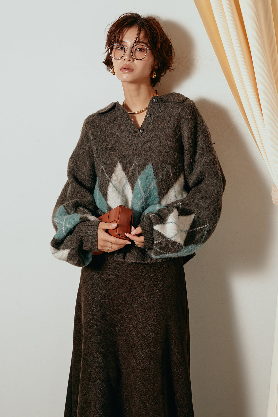 [SET]アーガイル柄ポロニットトップス+スウェードライクロングスカート(2set)