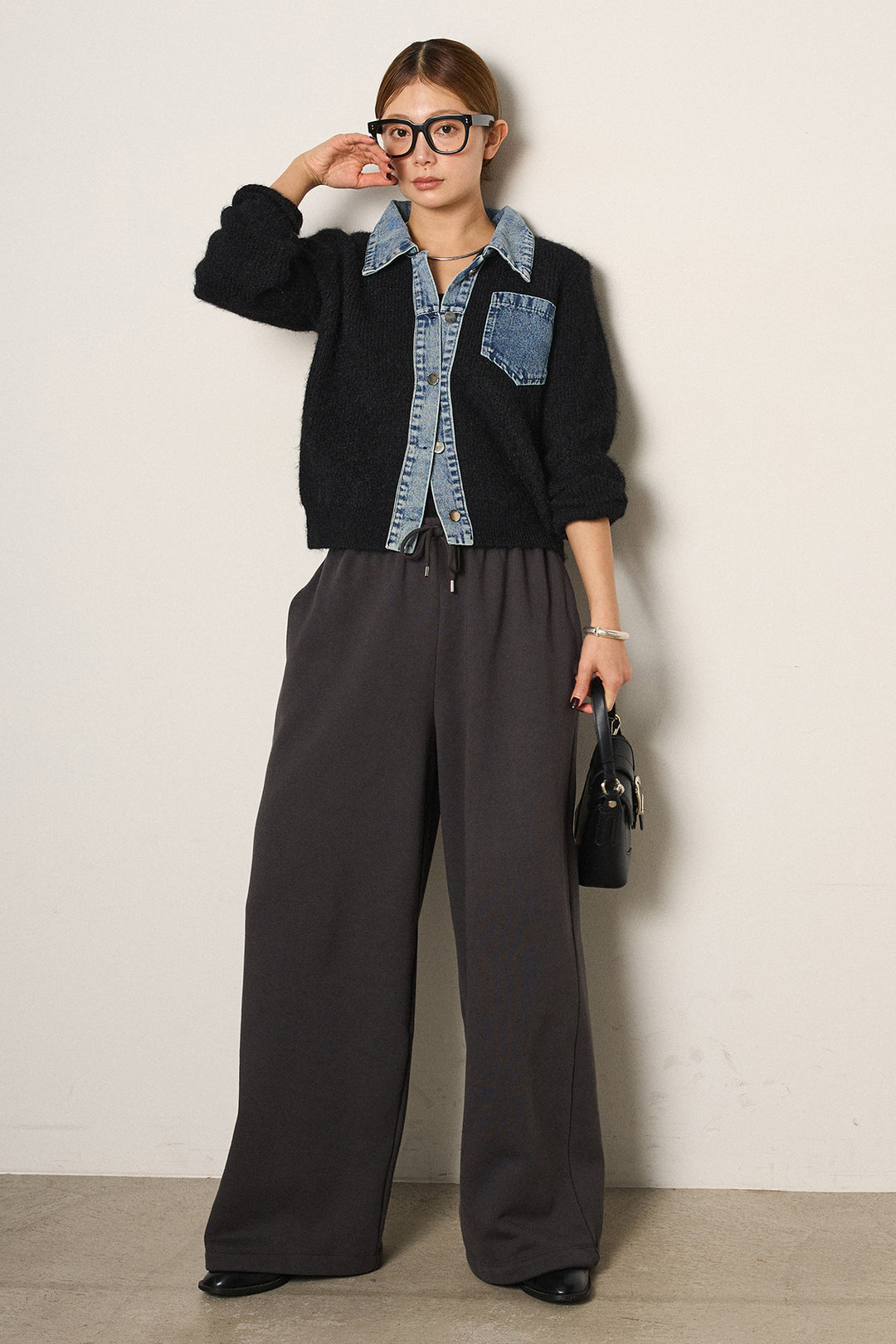 [SET]襟付きデニム切替ニットカーディガン+裏起毛スウェットワイドパンツ(2set)