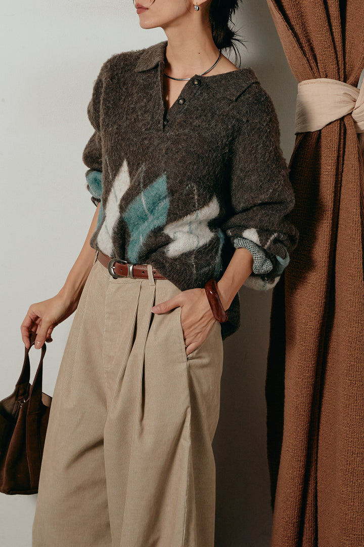 [SET]アーガイル柄ポロニットトップス+フロントタック入りコーデュロイパンツ(2set)