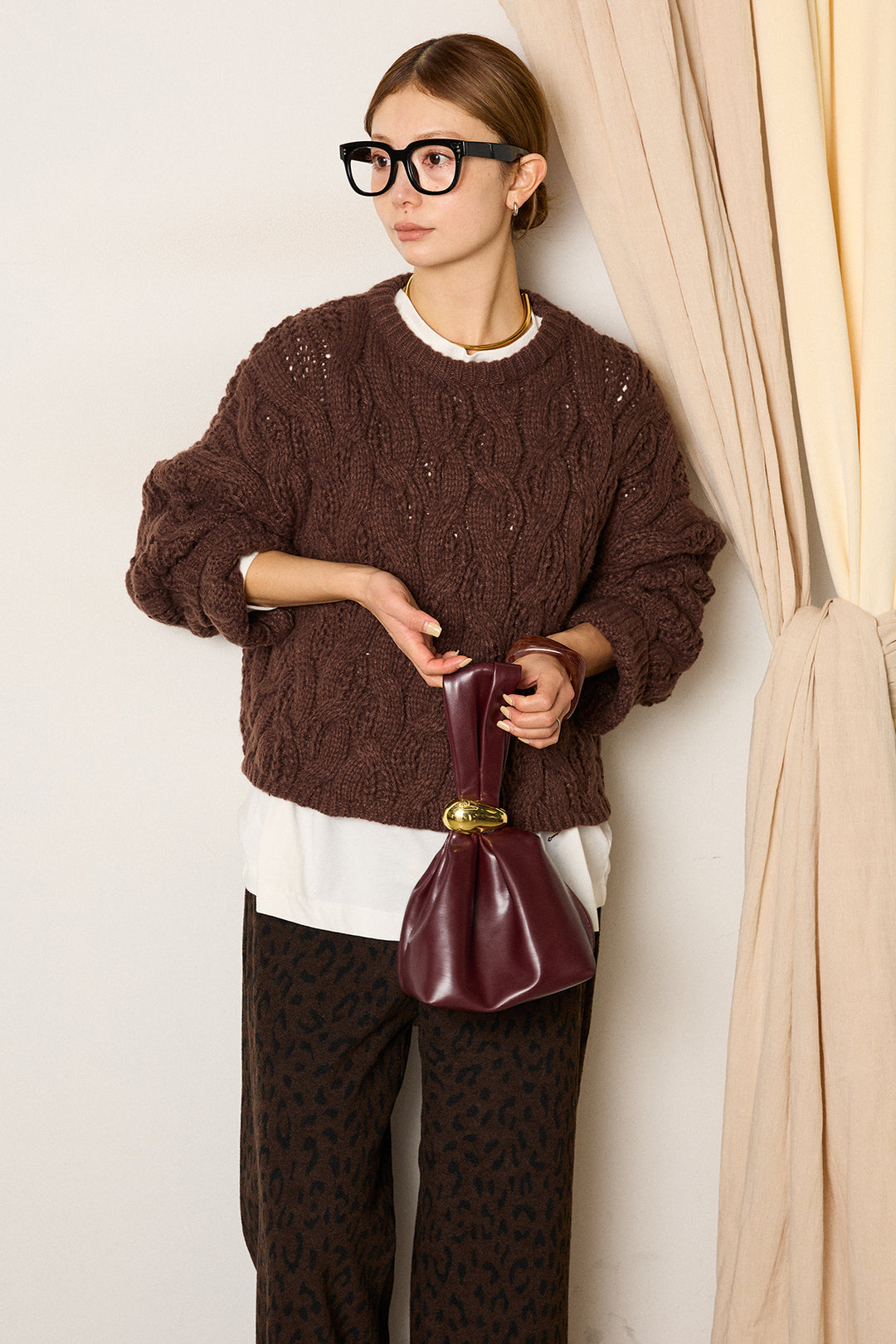 [SET]ケーブルリラックスショートニット+レオパードジャガードニットパンツ(2set)