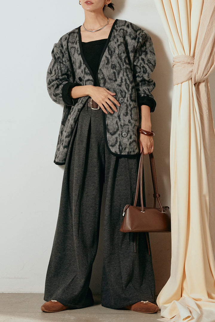 [SET]ノーカラーレオパード柄アウター+フェイクレザー太ベルト付きタックワイドパンツ(2set)