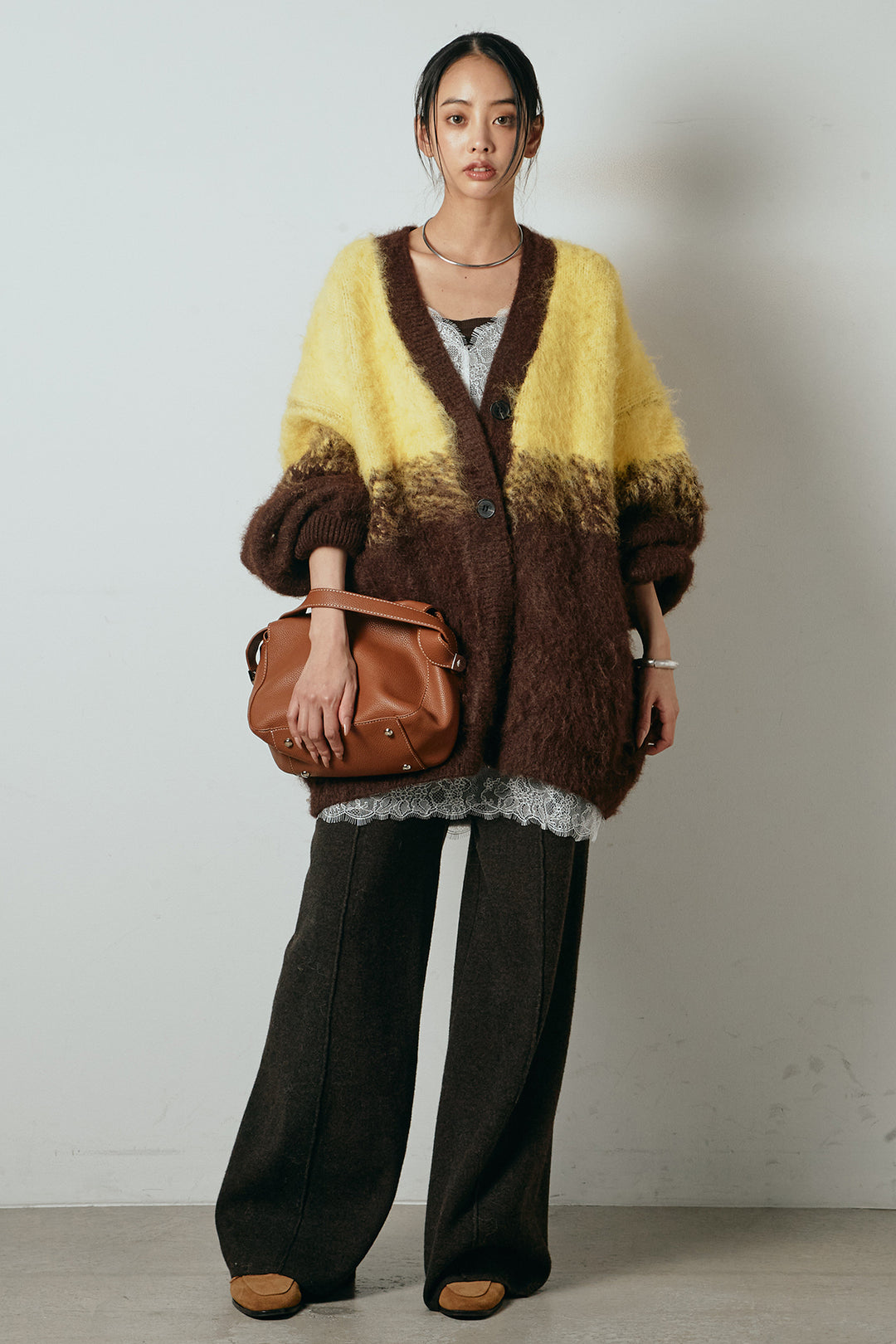 [SET]起毛グラデーションニットカーディガン+レース切り替えキャミソール+センターラインニットパンツ(3set)