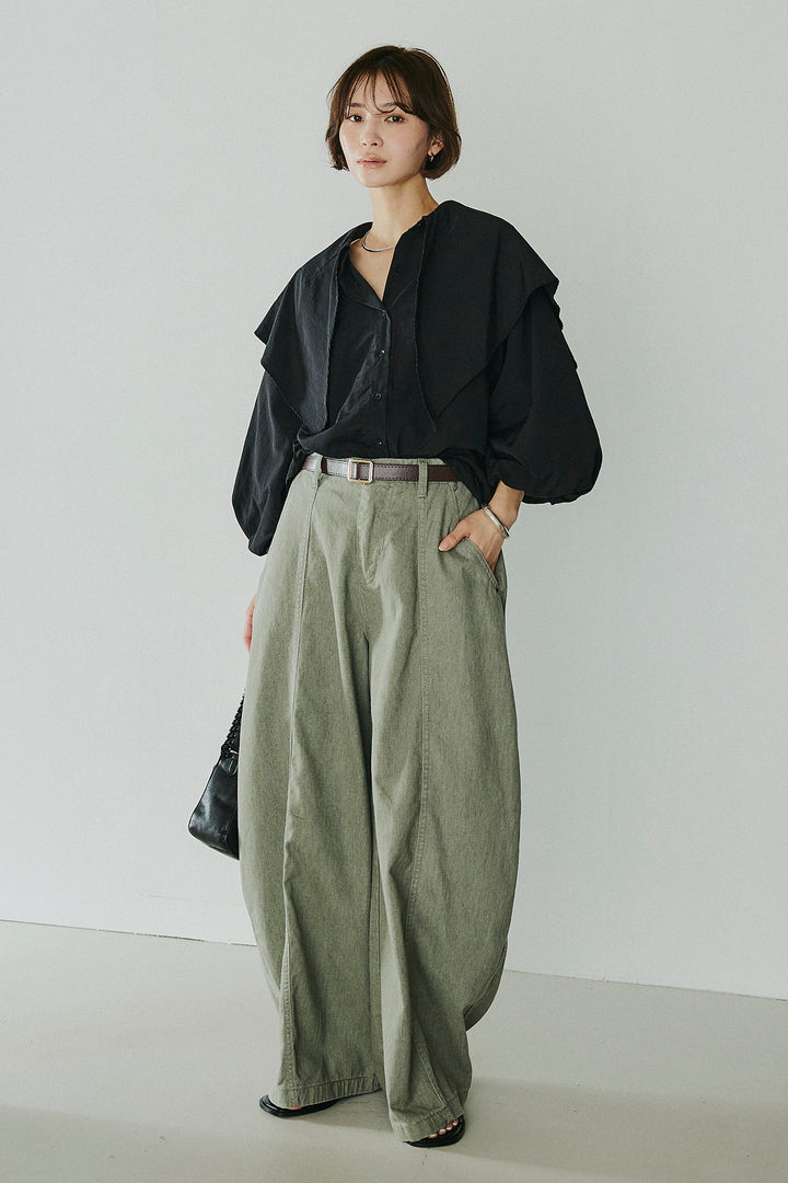 [SET]ケープカラーナイロンブラウス+サイドベルトカーブワイドパンツ(2set)