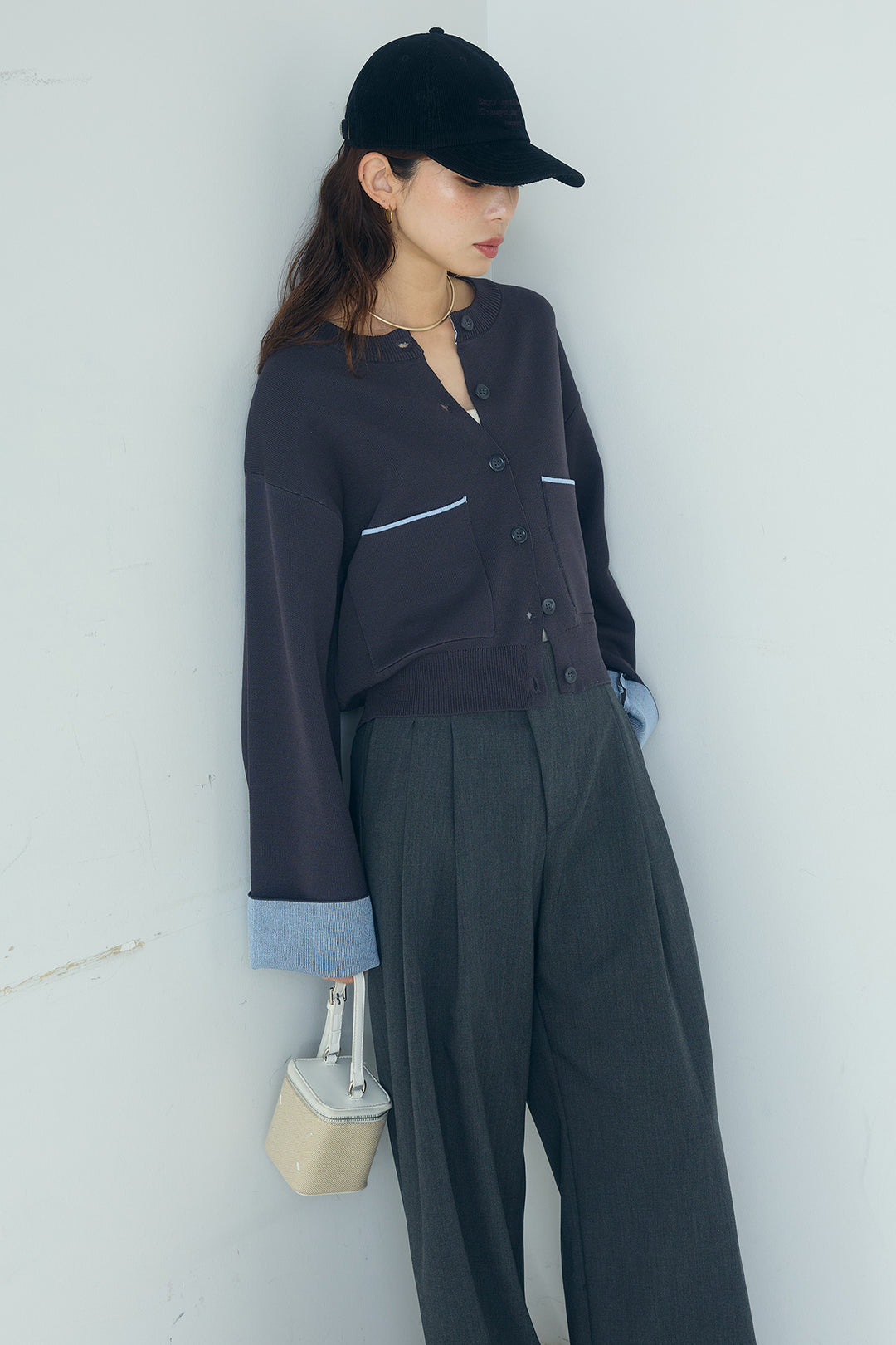 [SET]レーヨンポリダブルフェイスカーディガン+サイドベルトタック入りスラックス(2set)