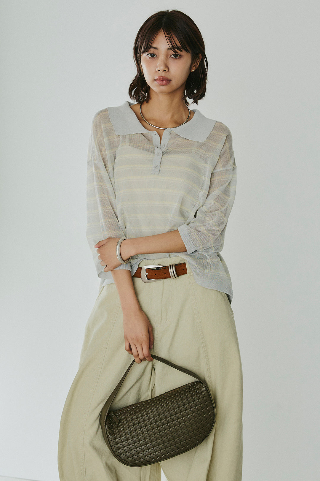 [SET]ボーダーニットポロシャツ+サイドベルトカーブワイドパンツ(2set)