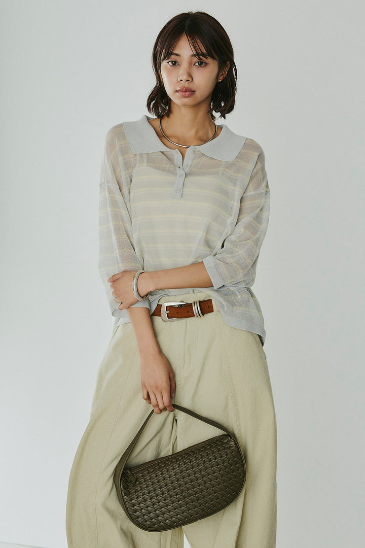 [SET]ボーダーニットポロシャツ+サイドベルトカーブワイドパンツ(2set)