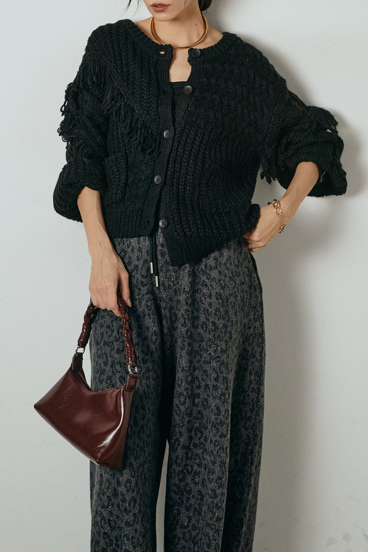 [SET]ランダムフリンジニットカーディガン+リラックスレオパード柄ワイドパンツ(2set)