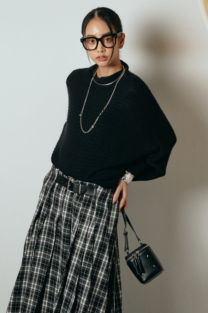 [SET]ポンチョシルエット透かしニットトップス+ベルト付きタータンチェックプリーツスカート(2set)