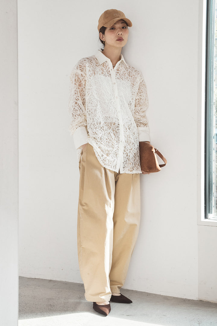[SET]刺繍レースオーバーサイズシャツ+合繊ツイルパイピングタックカーブパンツ(2set)