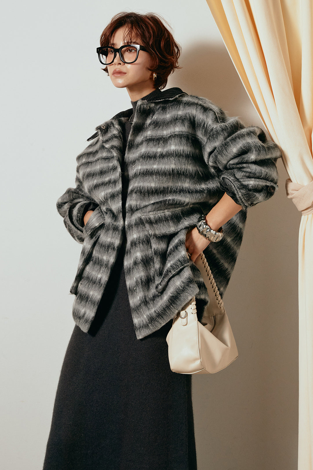 [SET]チェックシャギーミドルカバーオール+ノースリーブニットロングワンピース(2set)