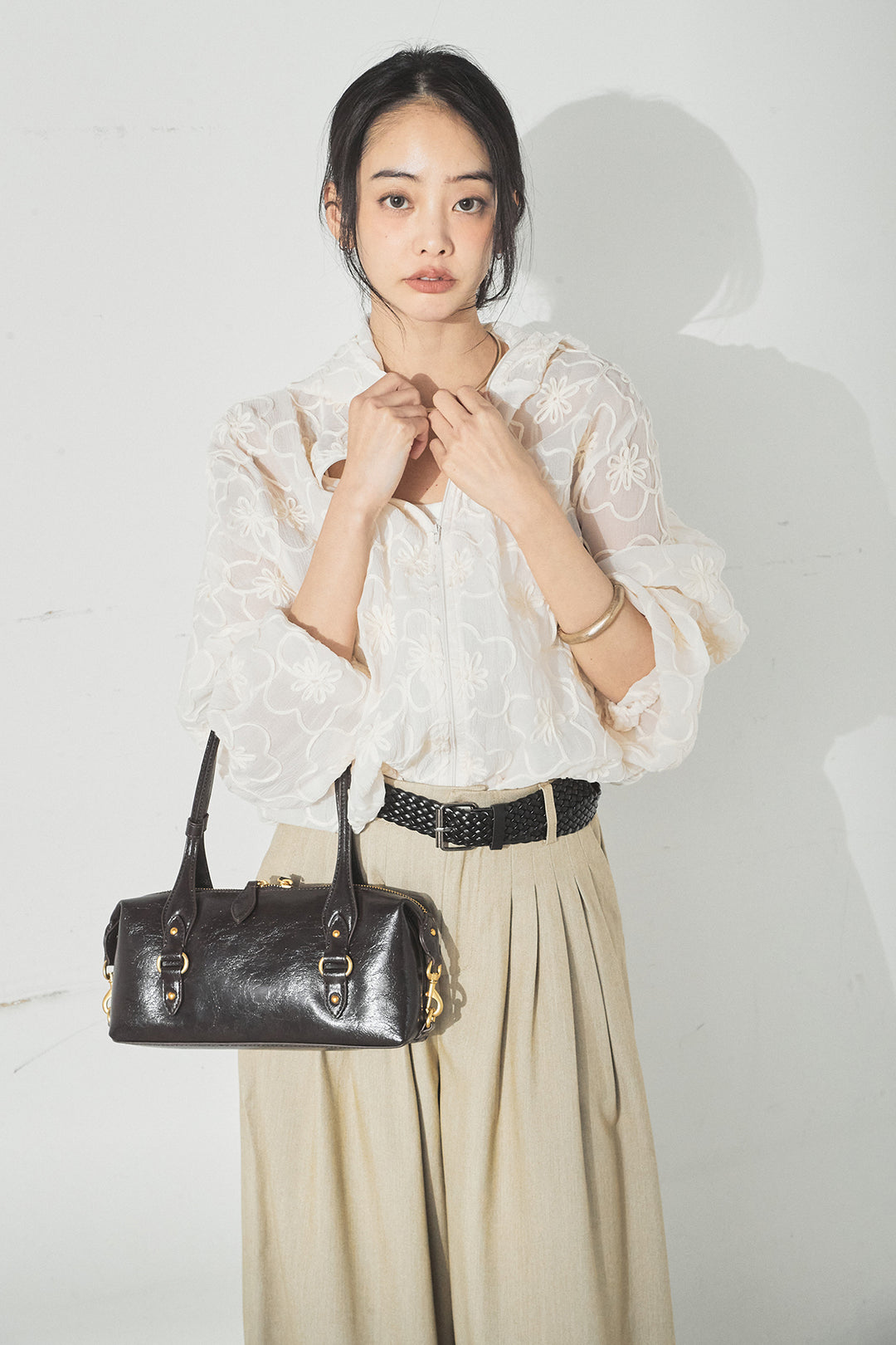 [SET]シアーフラワーフードブルゾン+編みベルト付きウエストタックワイドパンツ(2set)